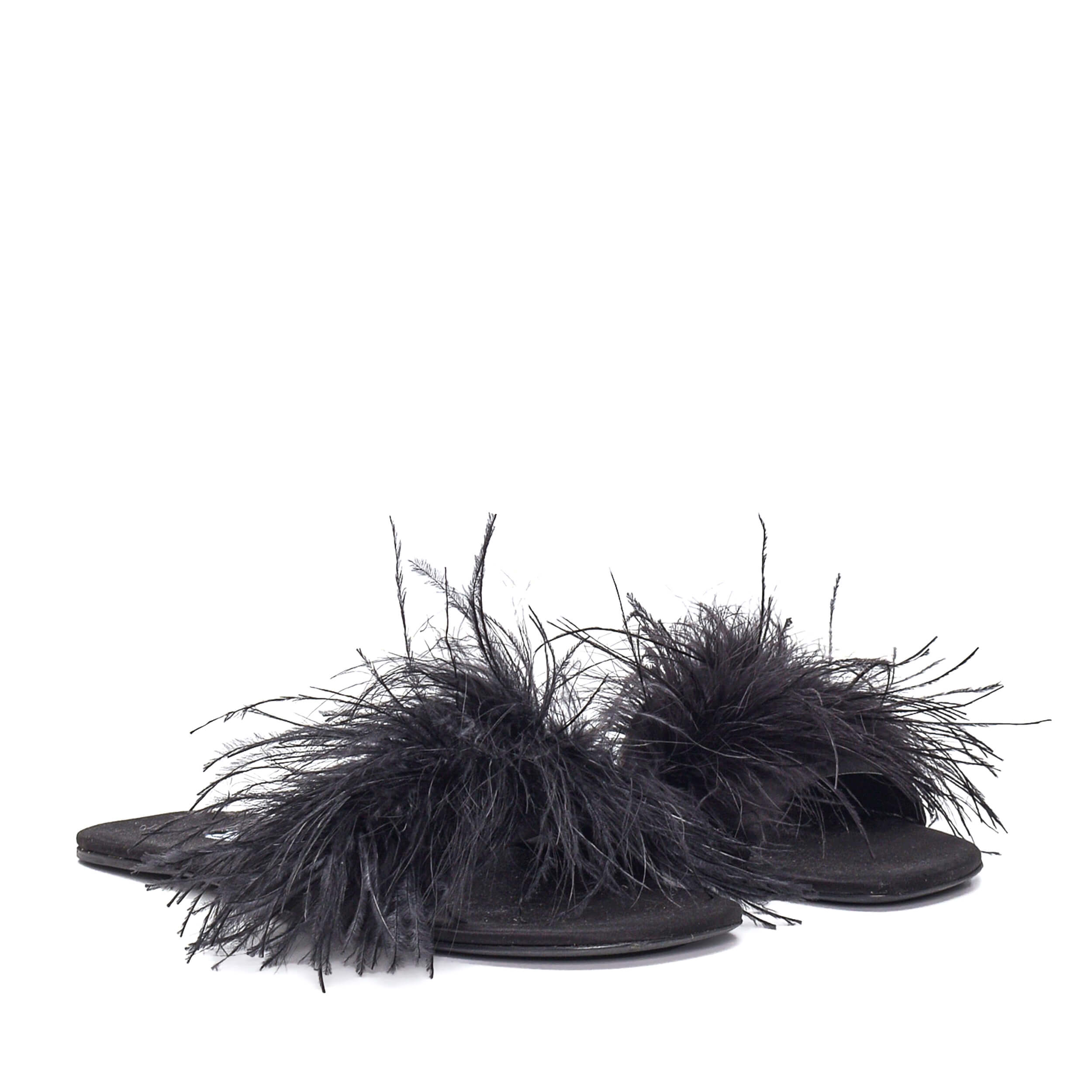 Prada - Black Satin&Fur Detail Slipper